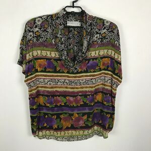 Vintage 1980s Componix Blouse Size XL Multicolor Floral Cowl Neck Rayon Boho